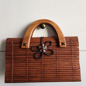 Vintage Bamboo Slat & Wood Flower Purse Boho Casual Small Handbag